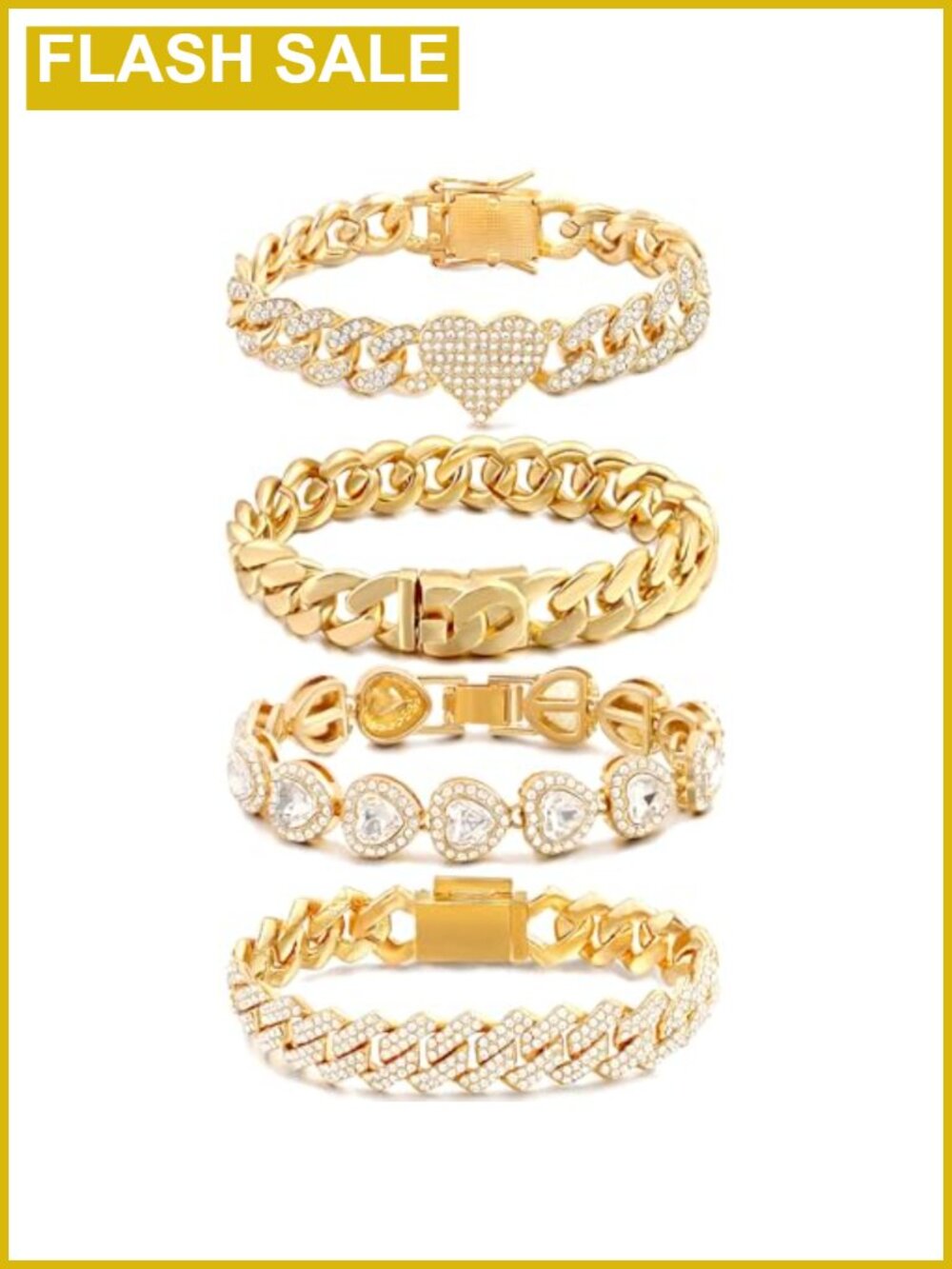 4PCS Gold Plated Bracelet Set Heart Round Diamond Tennis Cuban Link Women